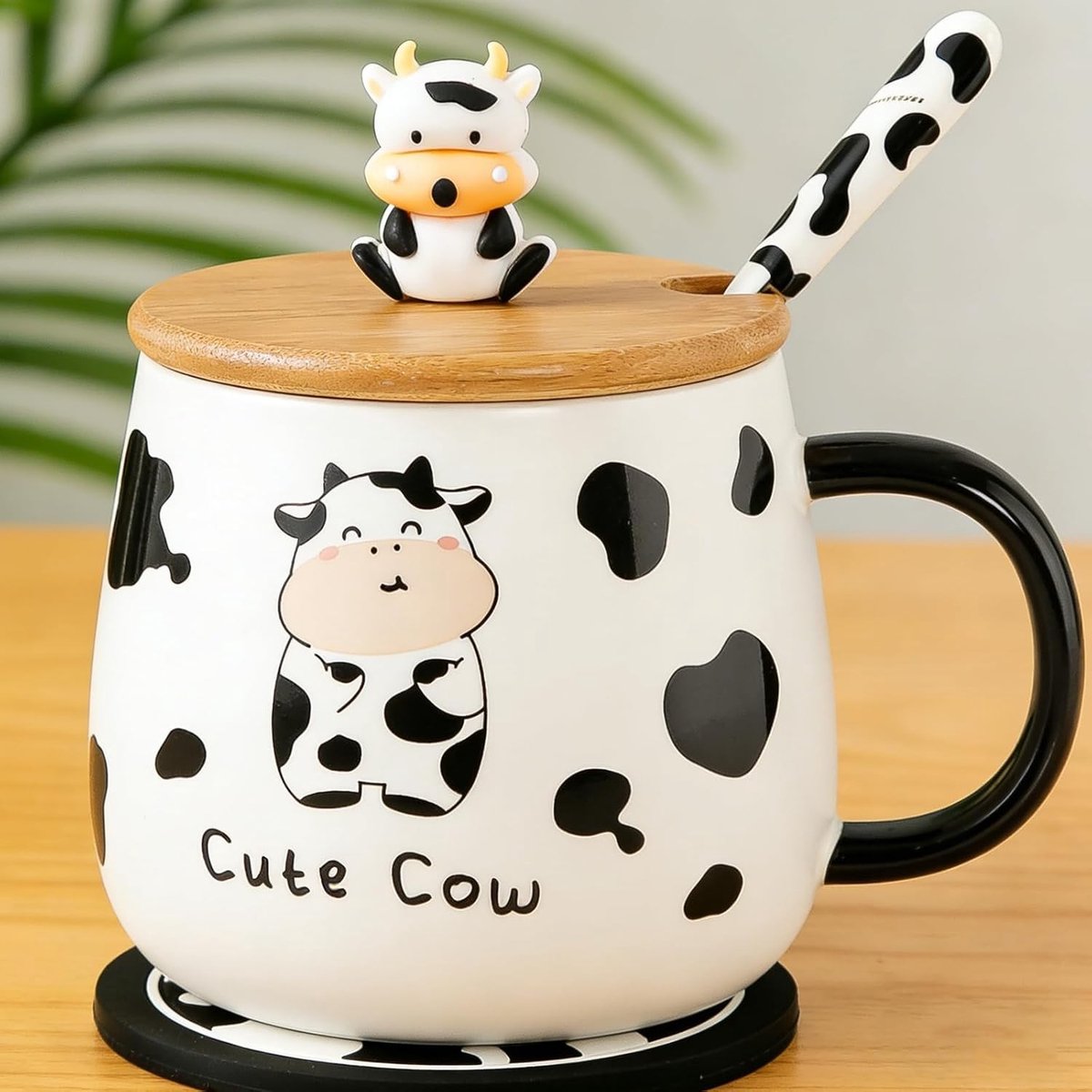 Ceramische koffiemok met deksel 420ml - Cadeau met lepel en onderzetter - Thee en koffie mok voor kerst en verjaardag voor vrouw, vriendin of kinderen