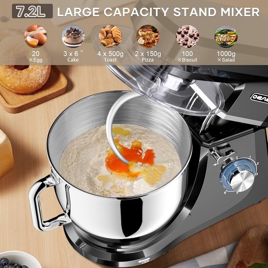 Keukenmachine - Mixer Food Processor - Bakken en Koken - Krachtige 2000W Motor - 7.2L Kom - Zwart — afbeelding 4
