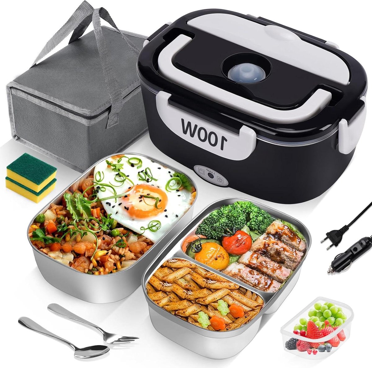 Elektrische Lunchbox - Verwarmbare Maaltijd - Warm Eten Onderweg - 3-in-1 Functie - 25 x 18 cm - Groen Zwart