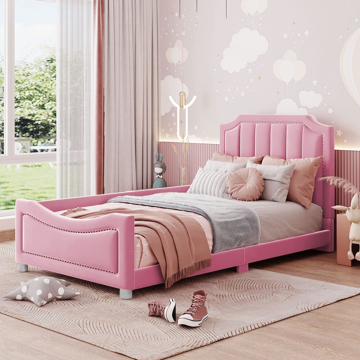 Slaapbank 90x200 cm - Met Hoofdeinde - Met Fluweel - Roze