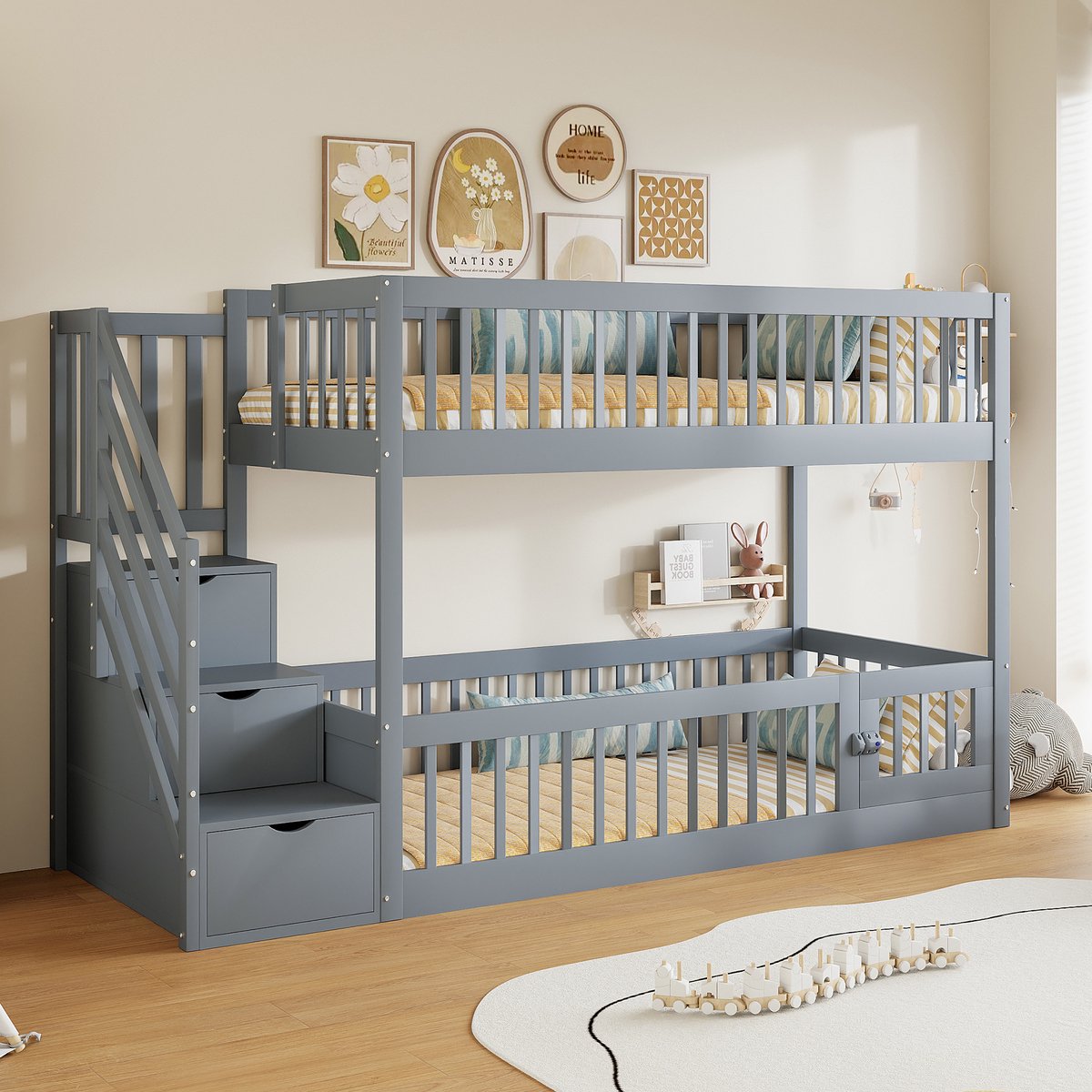 Zubaliya Houten Stapelbed 90x200 cm Grijs Met Opbergruimte, Laden
