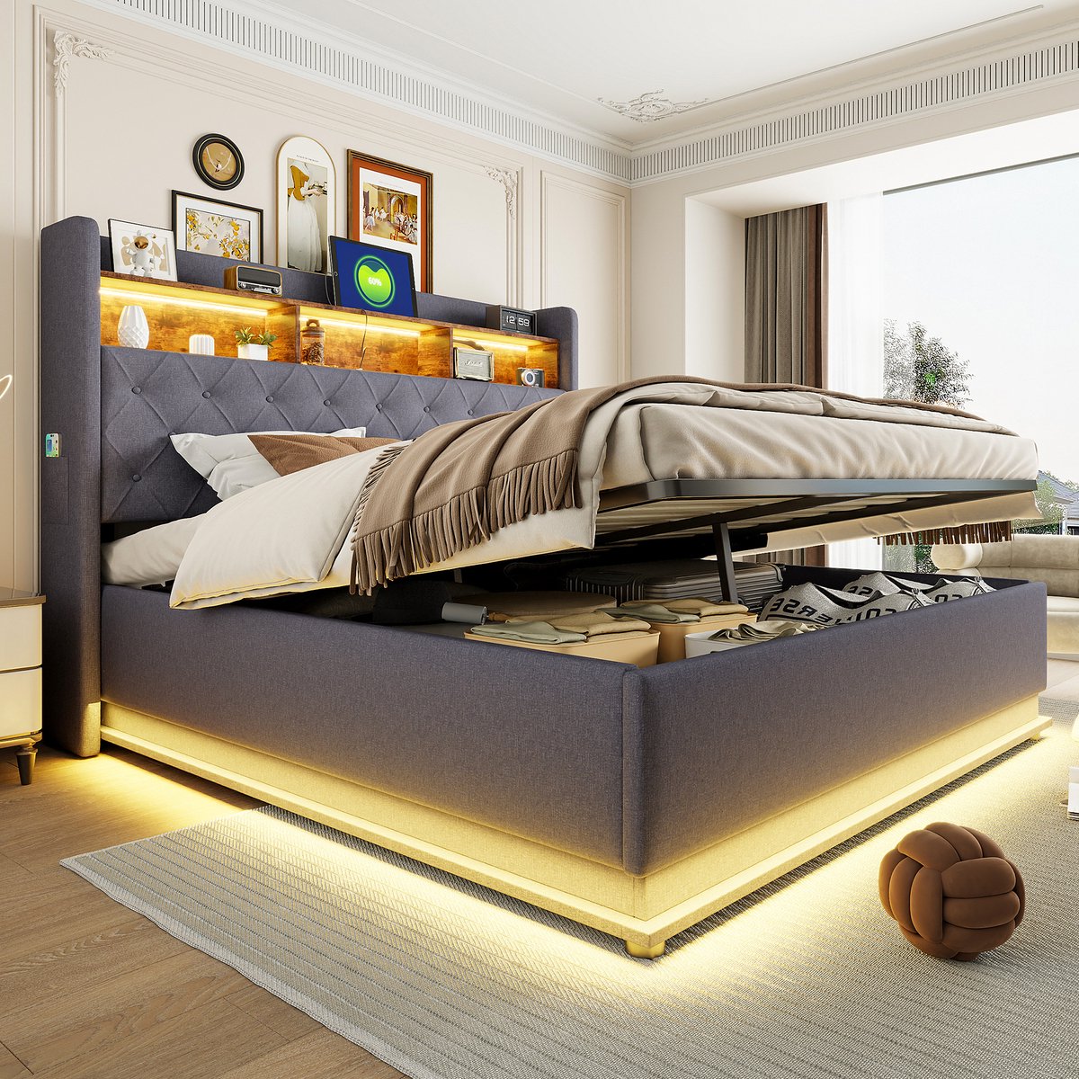Gepolsterd Bed 180x200 cm - Met Opbergruimte - Met LED-verlichting - Met USB-aansluiting - Grijs