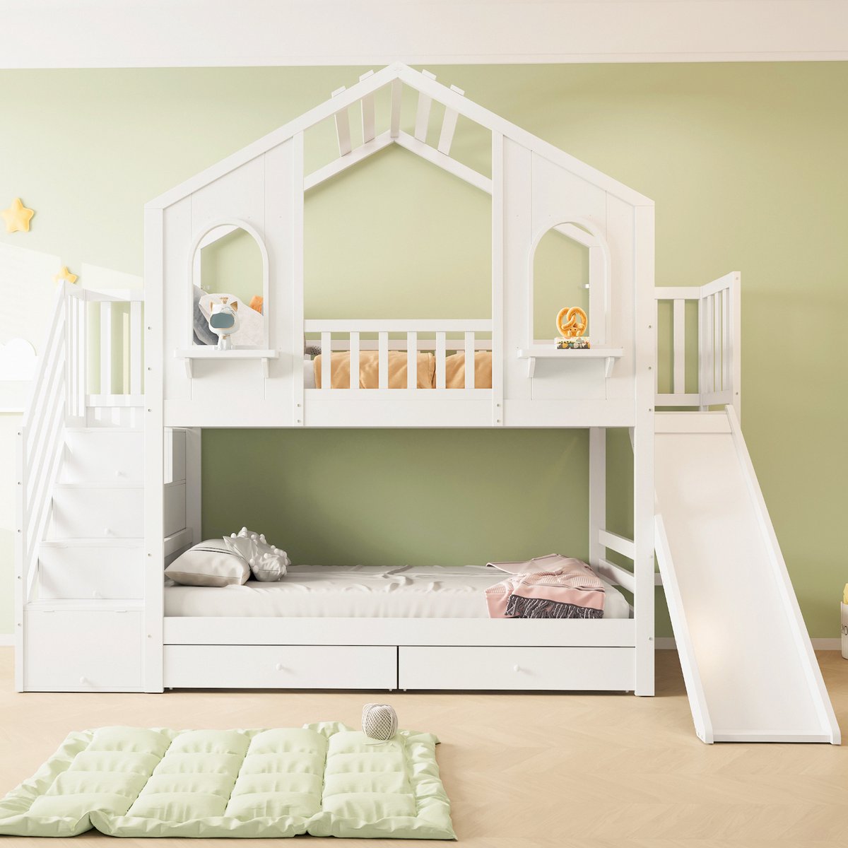 Stapelbed 90x200 cm - Met Ladder - Met Opbergruimte - Met Lades - Wit