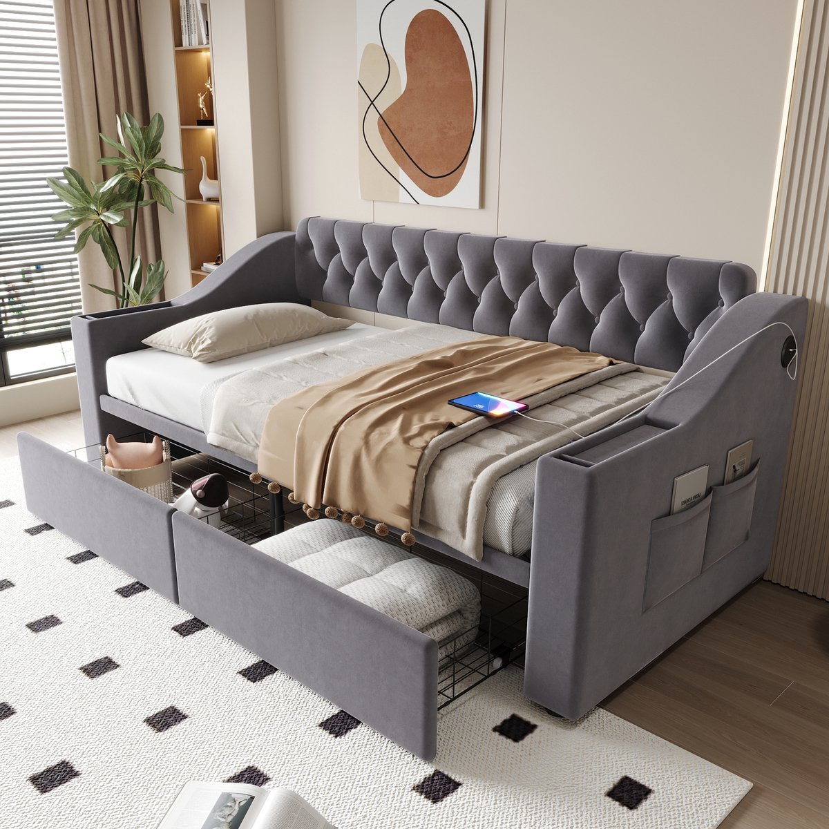 Slaapbank 90x190 cm - Met Opbergruimte - Met USB-aansluiting - Met Fluweel - Grijs
