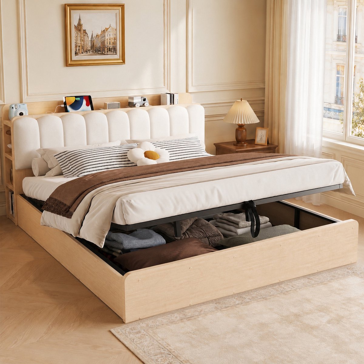Gepolsterd Bed 180x200 cm - Met Opbergruimte - Met USB-aansluiting - Met Hoofdeinde - Naturel Hout