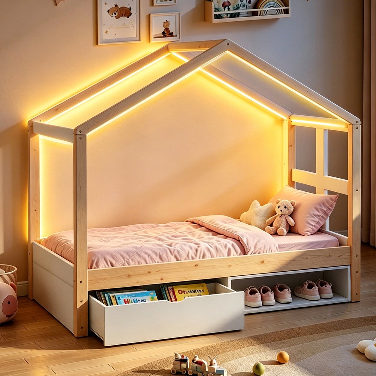 Houten Kledingkast 90x190 cm - Met Opbergruimte - Met LED-verlichting - Naturel Hout