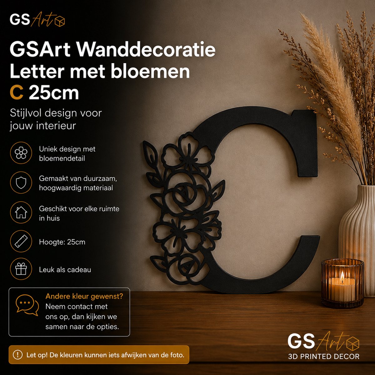 GSArt Wanddecoratie Letter met Bloemen – 25 cm - C