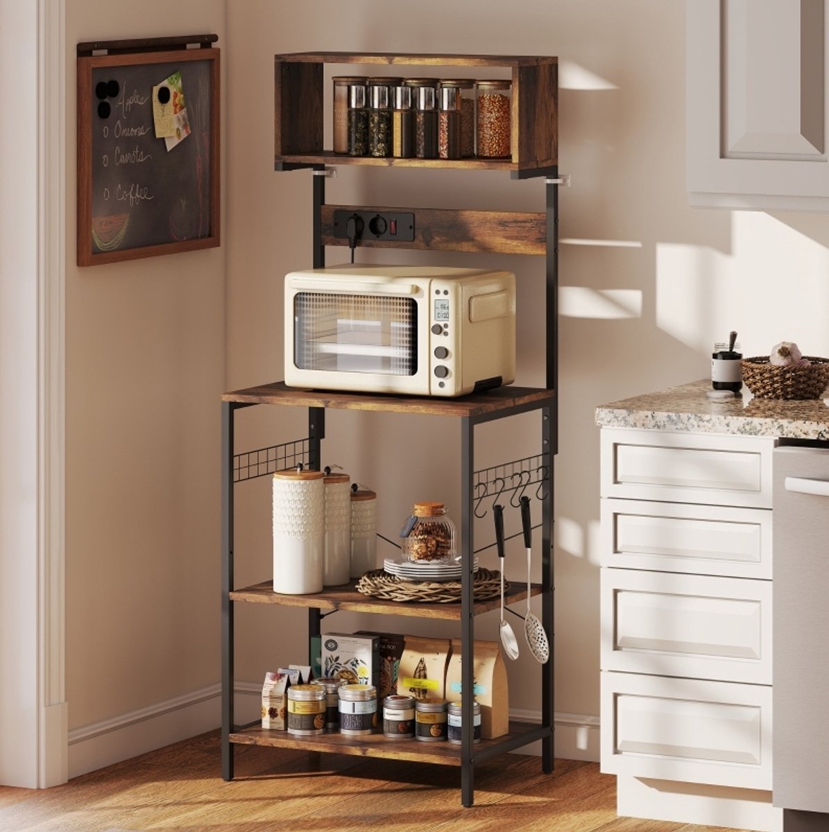 OKWISH Keukenrek - 60 x 42 x 153 cm - Met 5 S-haken, 5 Planken En 2 Stopcontacten - Voor Magnetron, Koffiehoek En Keukenopslag - Staal - Rustiek Bruin