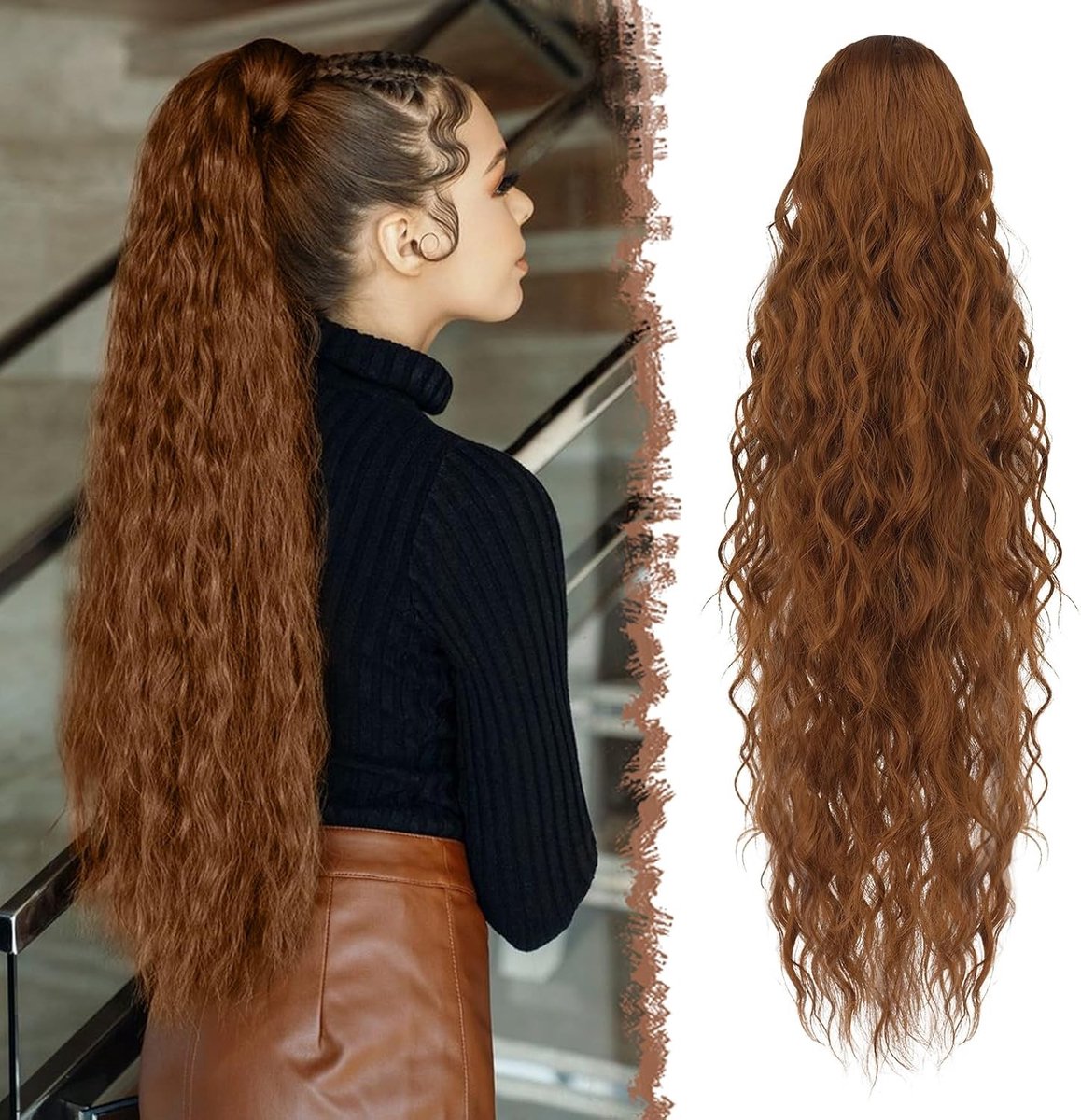 Lang Licht Kastanjebruin Krullend Paardenstaart Haarstuk - 65 cm Synthetic Haar Extensions voor Vrouwen met Trekkoord
