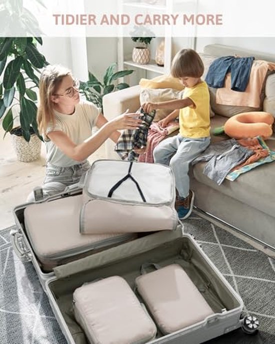 Compressie verpakking kubussen - Reis organizers - Bagage organiseren - Comprimeerbaar ontwerp - 4 stuks - Beige — afbeelding 3