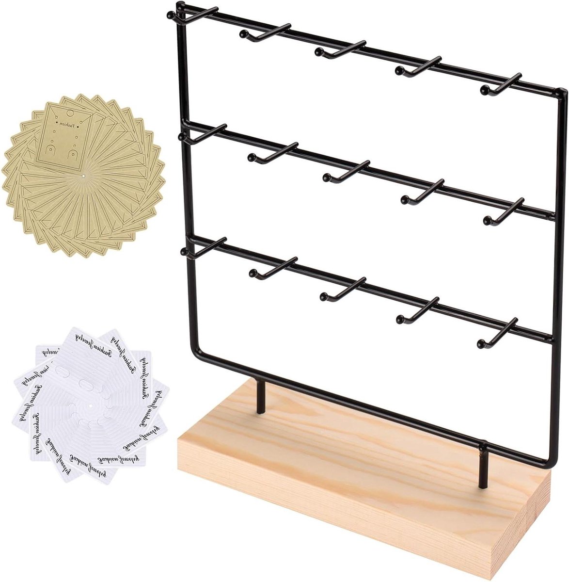 Sieraden Organizer Rek - Oorbellen Houder - Verkoop Presentatie - Drie Lagen Haken - 22 x 22 cm - Zwart
