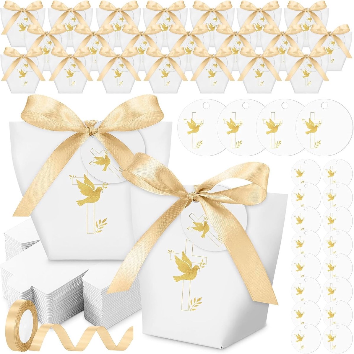 Set van 50 Cadeauverpakkingen voor Eerste Communie en Bevestiging met Gouden Linten en Labels voor Doop, Verjaardag en Bruiloft Decoratie