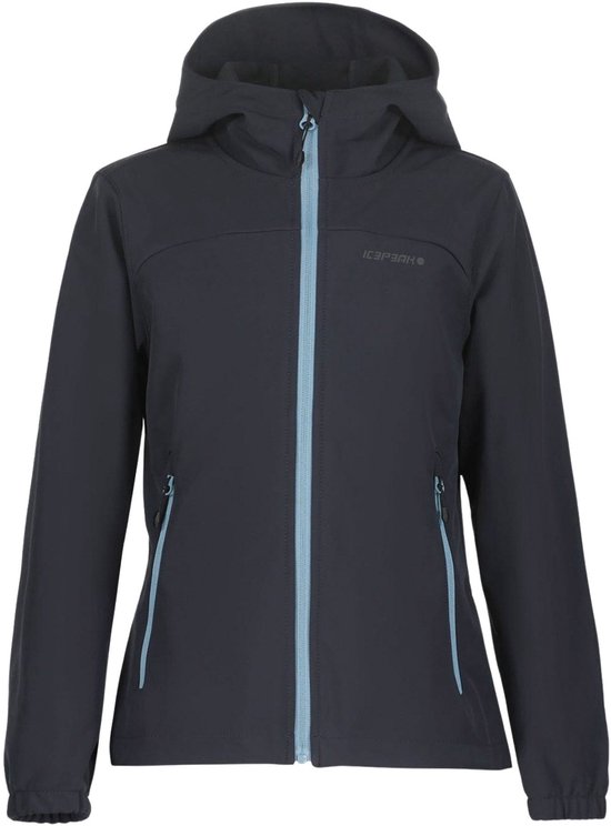 Meisjes Icepeak softshell jas in donkergrijs met lichtblauwe ritsen.