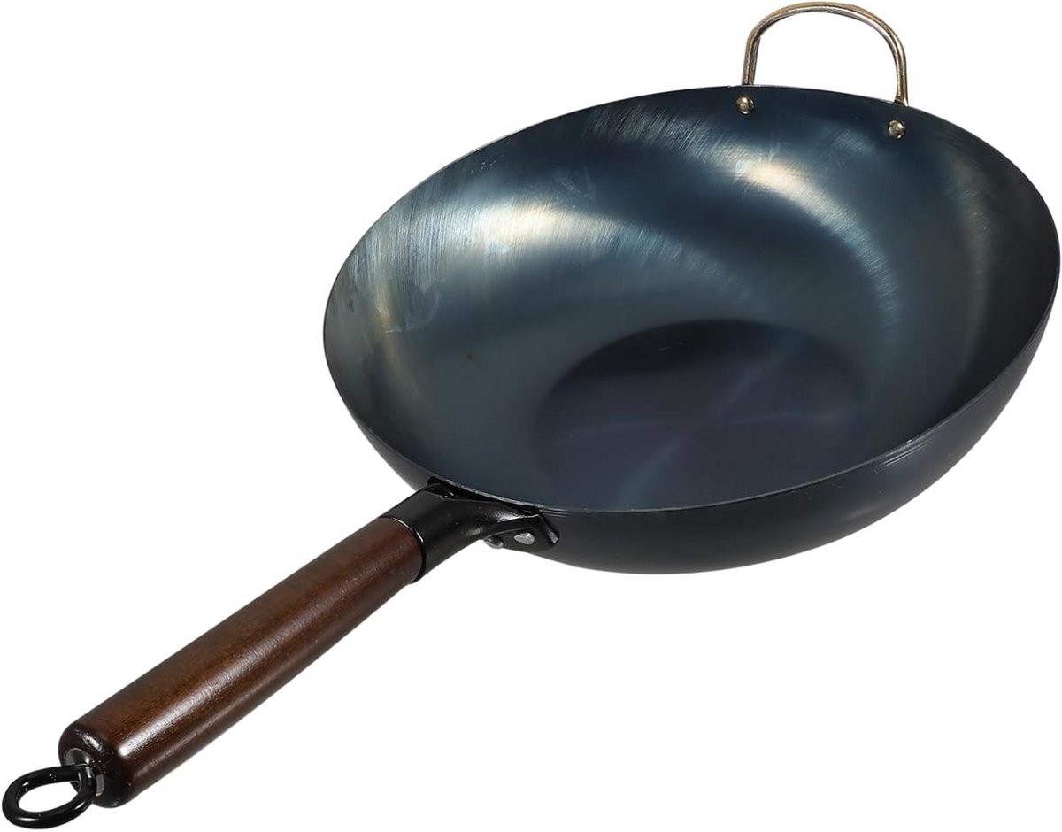 Gietijzeren Wok Koekenpan Roerbakken en Grillen Platbodem met Handgreep 32 cm Zwart
