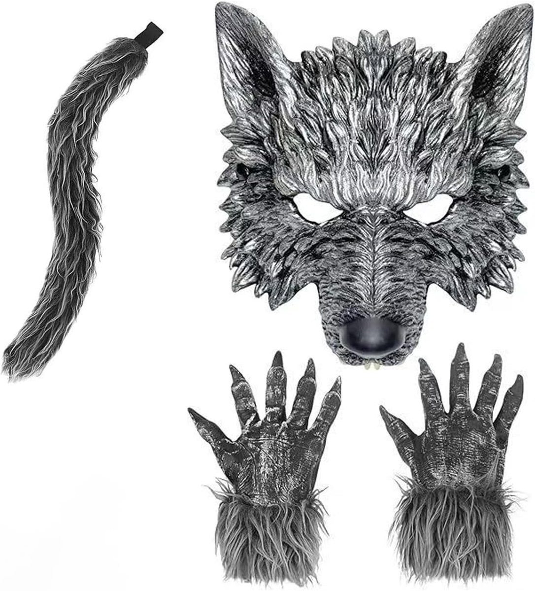 Wolf Masker Kostuum Set - Grijs - 4-delig - Weerwolf Kostuum met Handschoenen en Staart - Voor Halloween en Carnaval