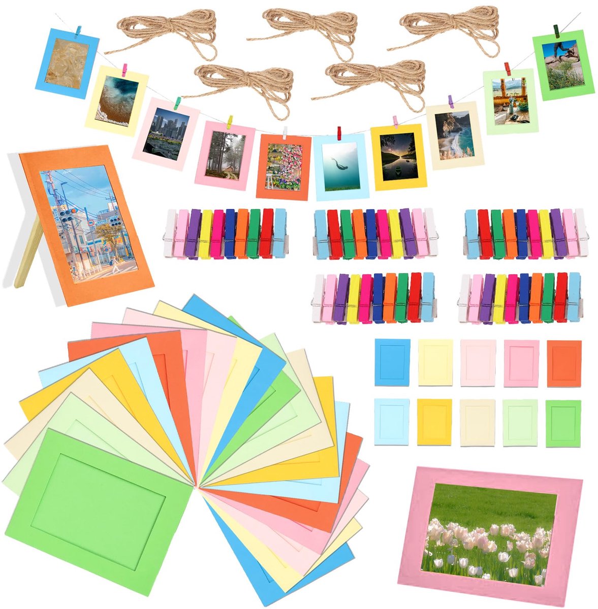 Swpeet 105 stuks 7 inch kleurrijke papieren fotolijsten set voor 12,7 cm x 17,8 cm foto, hangende fotodisplaylijsten - ShopVlot