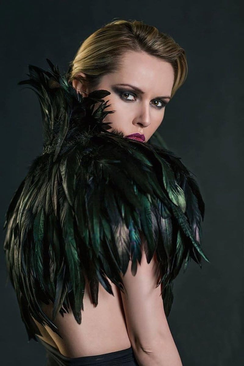 Zwarte Gothic Victoriaanse Natuurlijke Veer Sjaal Poncho met Kraag voor een Unieke Look