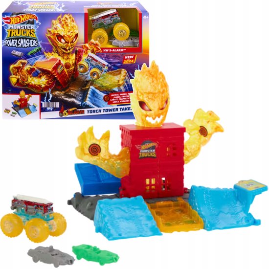 Hot Wheels Monster Trucks Arena Smashers Vuur Toren Speelset met vuur, rode toren, blauwe elementen en een monster truck.