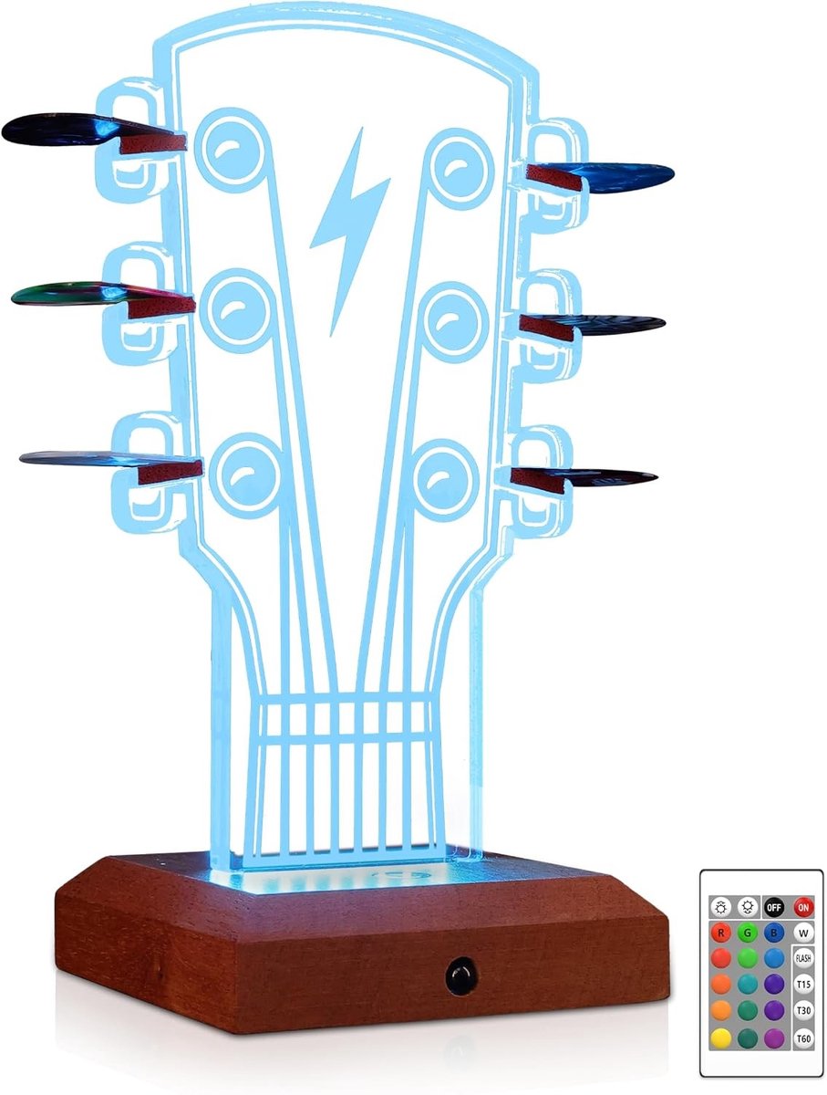 Verlichte Gitaarplectrumhouder van Acryl en Hout, Met 16 Kleuren LED's voor Opberging en Weergave, Perfect Cadeau voor Muzikanten en Gitaarliefhebbers