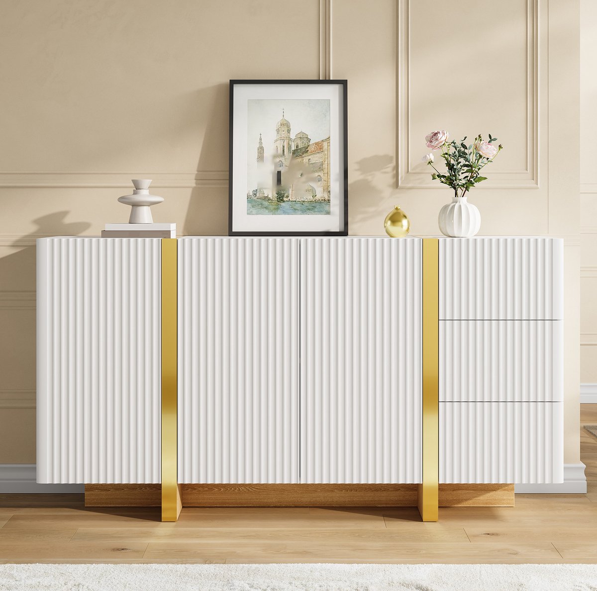 COVREO Dressoir 140x36x75 cm wit MDF en spaanplaat, 3 deuren 3 lades