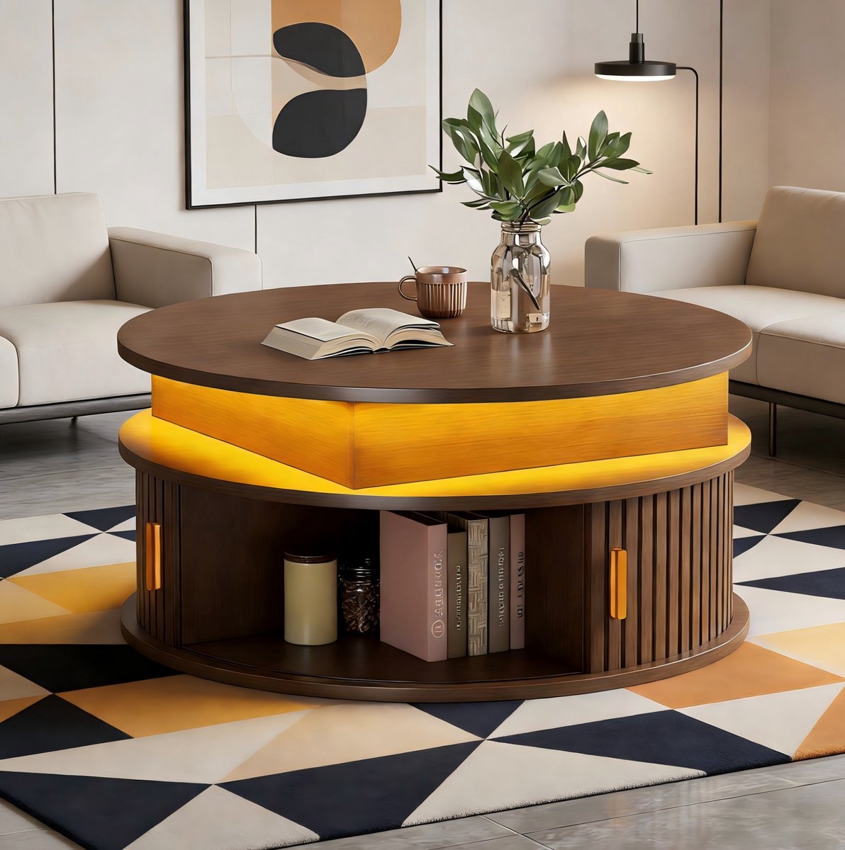 Wishdor Salontafel rond en hoogte instelbaar - LED verlichting met app-bediening - Opbergruimte en rolluiken - Walnoot - MDF - 75 x 75 x 52 cm