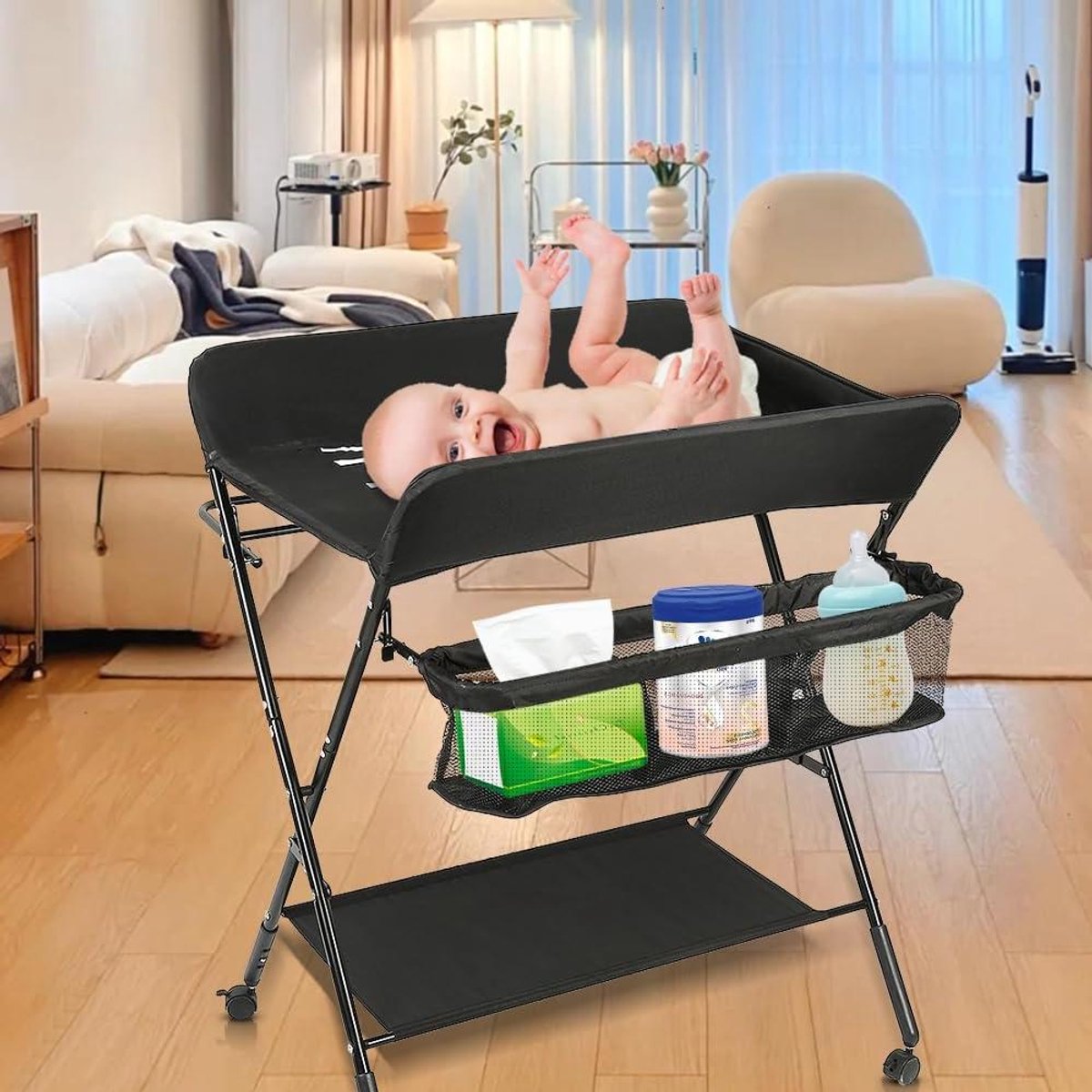 Baby Verschoontafel - Opvouwbaar baby meubel - Babyverzorging thuis - Inclusief opbergmand - 80 x 66 x 98 cm - Zwart