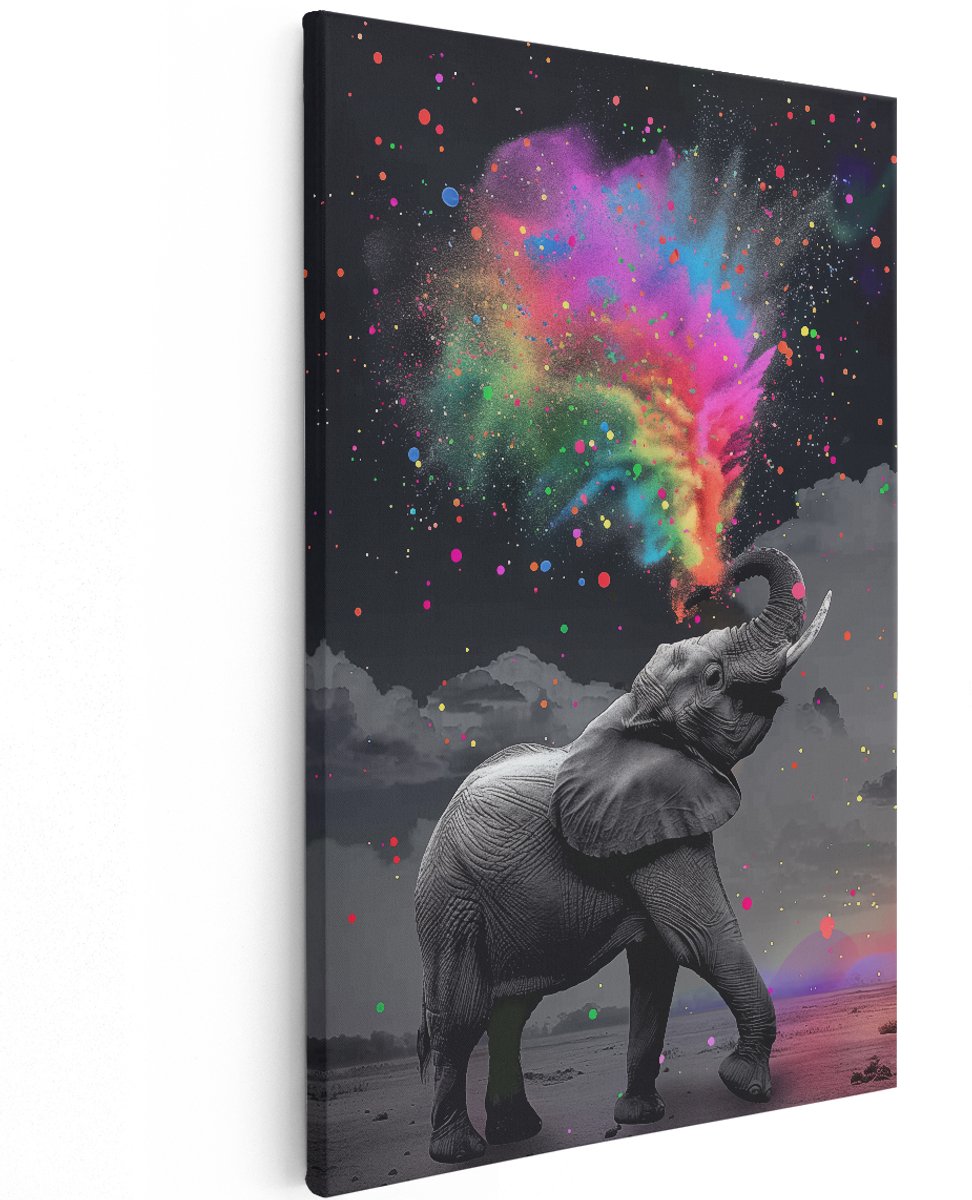 Artaza Canvas Schilderij Olifant met Kleurrijke Confetti - Dieren - 100x150 cm - Groot - Wanddecoratie Woonkamer - Schilderijen - Muurdecoratie