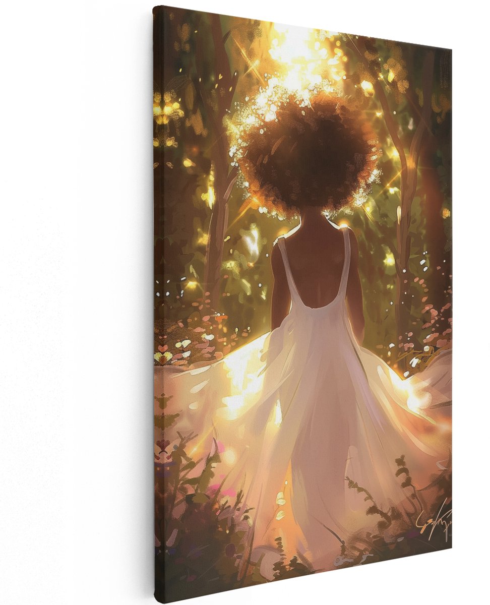 Artaza Canvas Schilderij Vrouw in een Witte Jurk in het Bos - 100x150 cm - Groot - Wanddecoratie Woonkamer - Schilderijen - Muurdecoratie