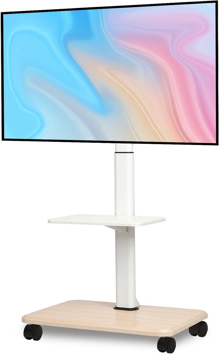 Verrijdbare TV Standaard - Mobiele TV Trolley - Multimediascherm Presenteren - In Hoogte Verstelbaar - 32-70 Inch Schermen - Wit Houtkleur