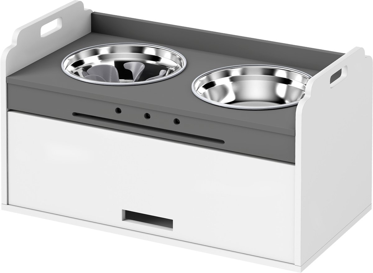 TEKROA® Hondenvoerbak - verhoogde voerbak met opbergkastje - 2 kommen met antislipringen - 60 x 30 x 35,5 cm - wit