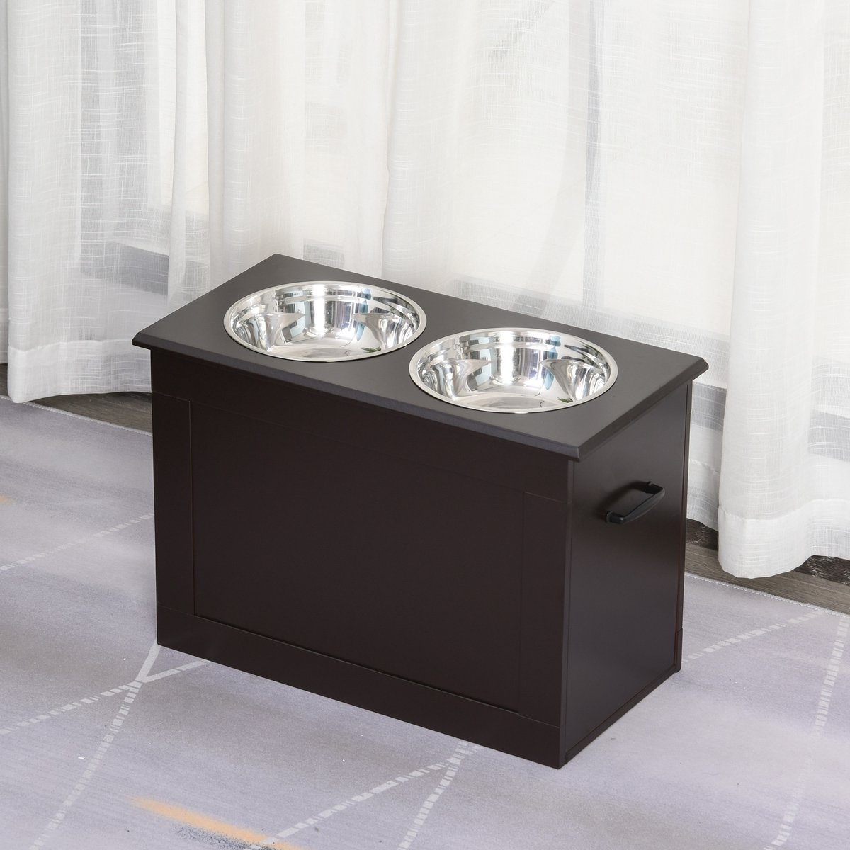 TEKROA® Voerbak - Verhoogde voerbak voor grote honden met 2 kommen van 2000 ml en verborgen opbergruimte - 60x30x41 cm - donkerbruin
