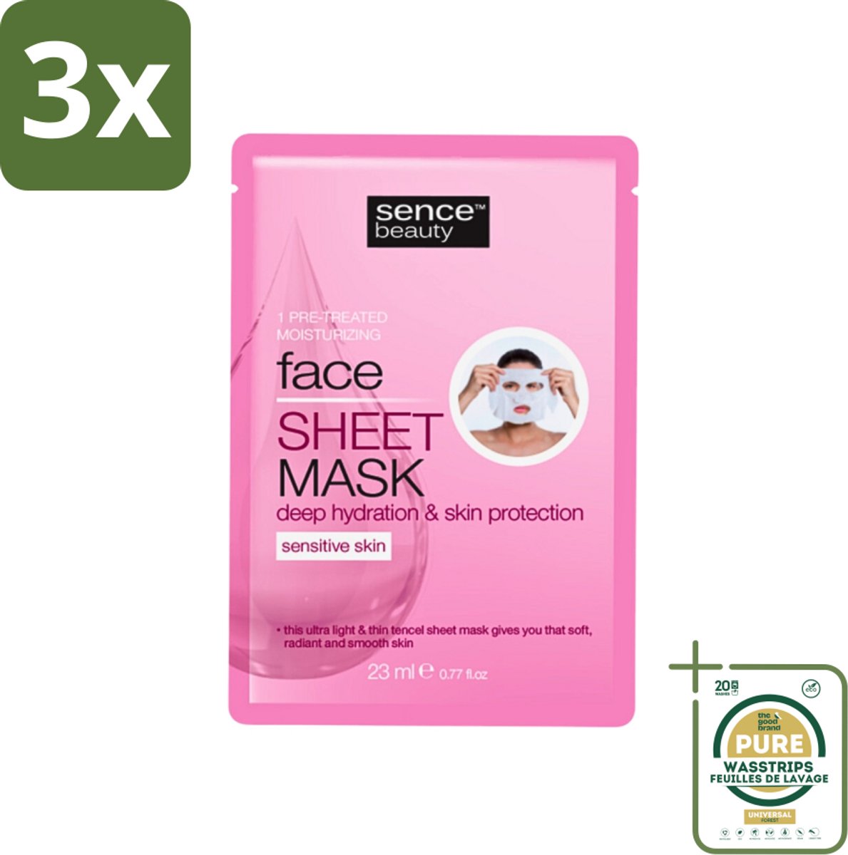 3 x Sence - Tencel - Gezichtsmasker - Hydraterend - 1 Gezichtsmasker - Grootverpakking - Gezichtsmasker - Hydraterend Masker - Tencel Masker - Hyaluronzuur Masker - Menthol Masker