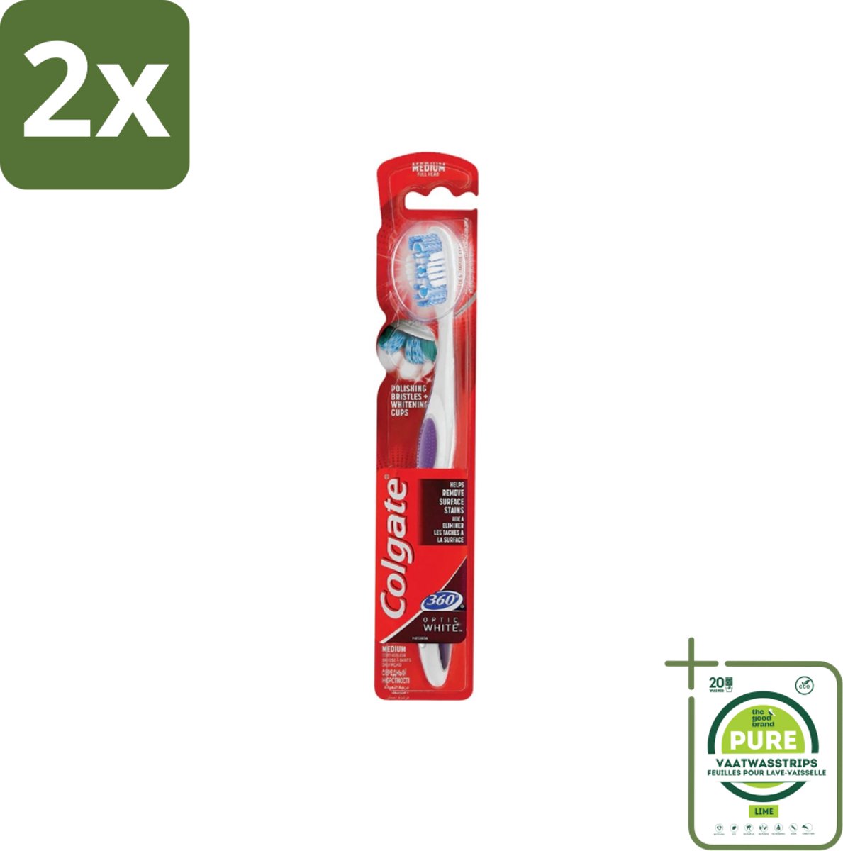 Colgate - Tandenborstel - 360 Optic White Medium- Wit - 1 Tandenborstel - Voordeelverpakking - 2 stuks - Tandenborstel - Wittere tanden