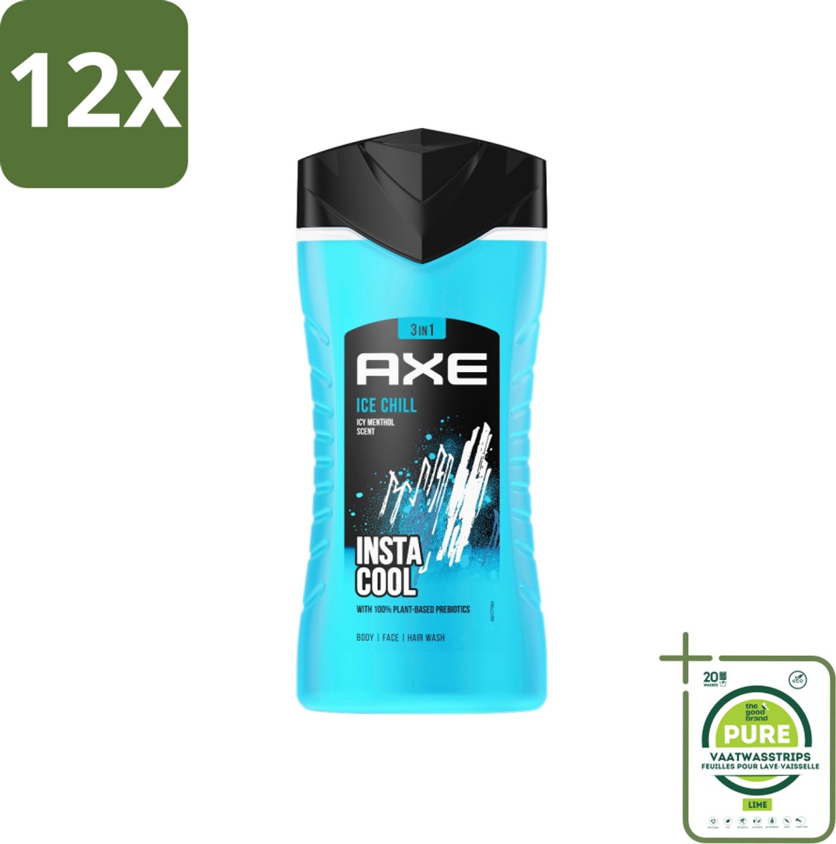 Axe - 3-in-1 Douchegel - Ice Chill - Icy Menthol - Insta Cool - 100% Plantaardig - 150 ml - Voordeelverpakking - 12 stuks - 3-in-1 douchegel - Bevroren munt geur
