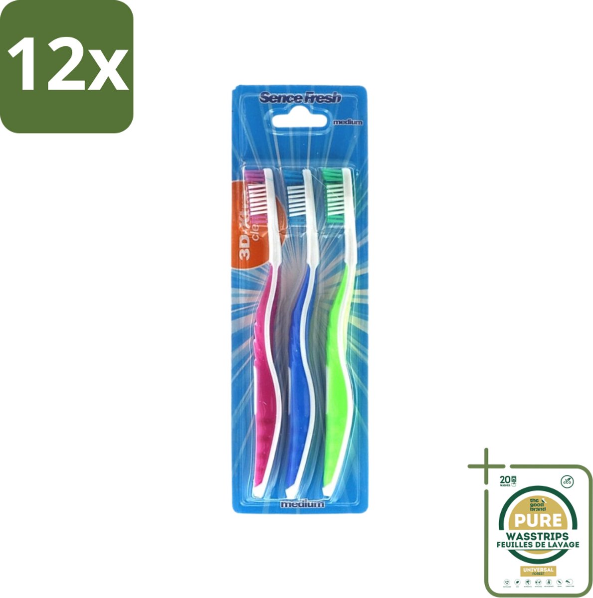 Sence - Fresh 3D-Extra Clean - Tandenborstels - Medium - 3 Tandenborstels - Voordeelverpakking - 12 stuks - Tandenborstel 3d - Tandenborstel extra clean