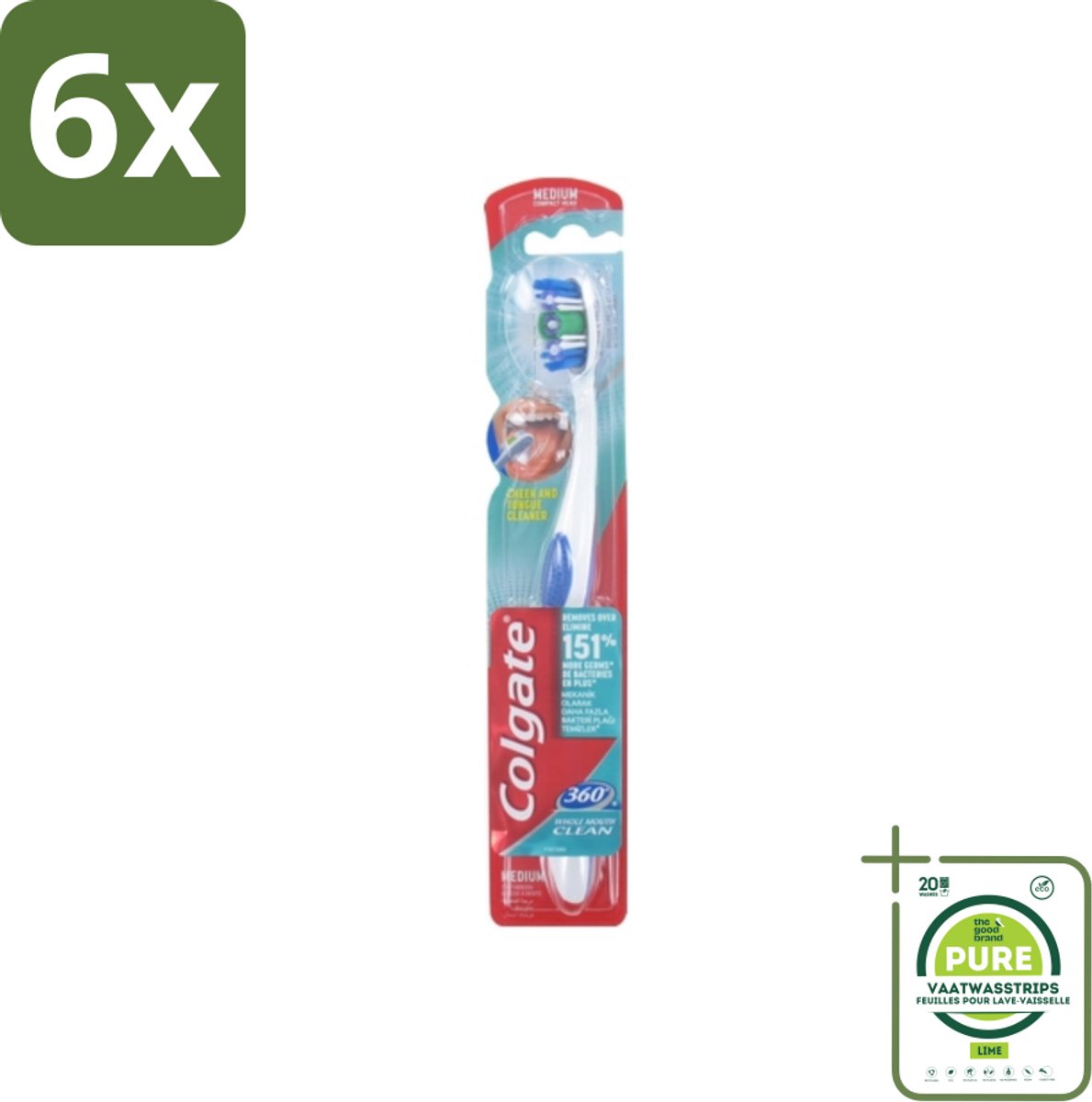 Colgate - Tandenborstel - 360 Whole Mouth Clean Medium - Wit/Blauw - 1 Tandenborstel - Voordeelverpakking - 6 stuks - Tandenborstel - Mondhygiëne