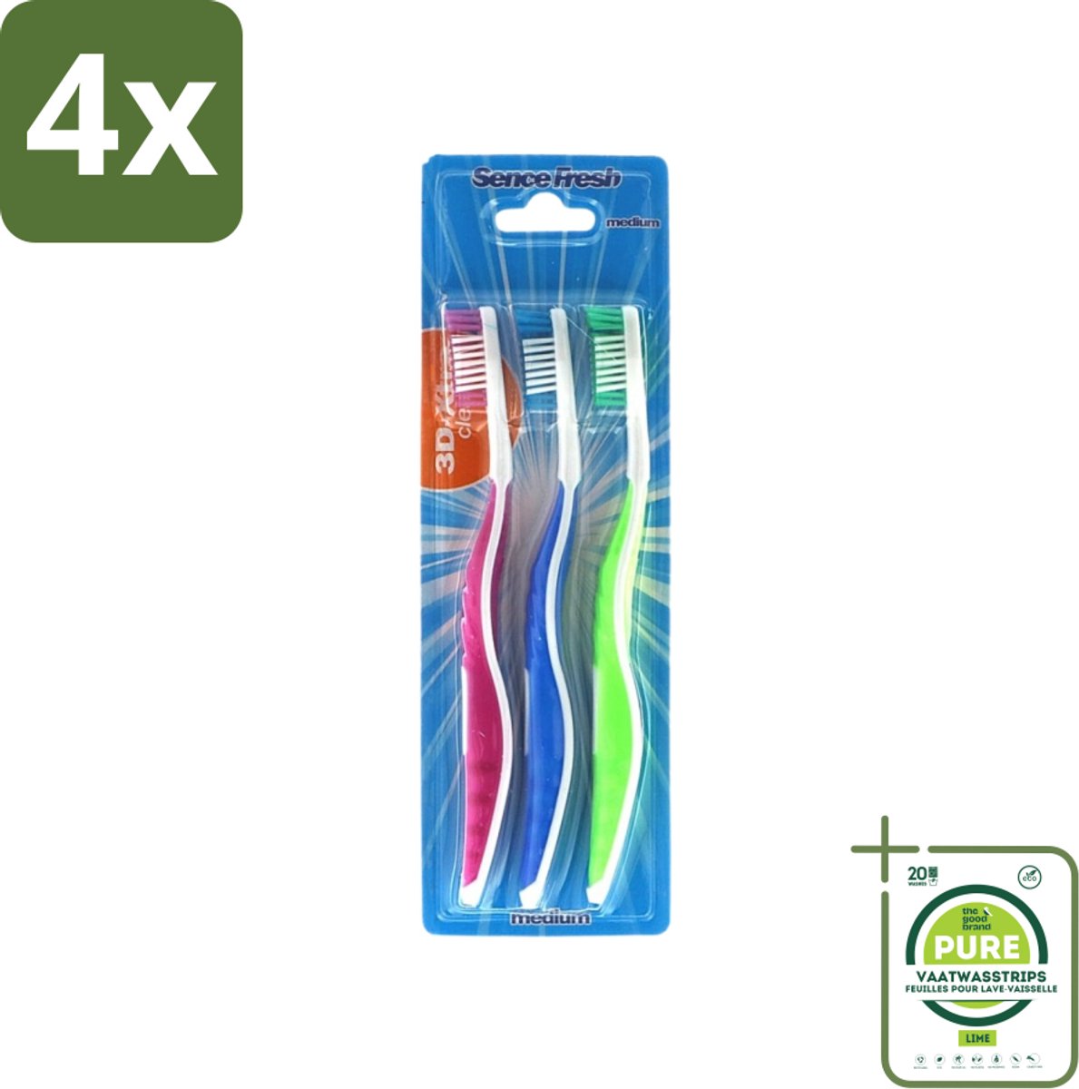 Sence - Fresh 3D-Extra Clean - Tandenborstels - Medium - 3 Tandenborstels - Voordeelverpakking - 4 stuks - Tandenborstel - Tandenborstels