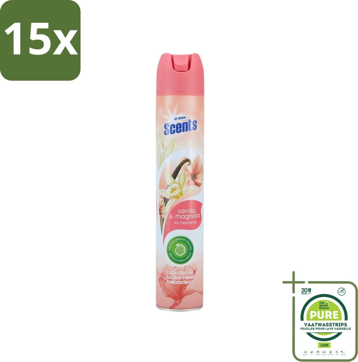 15 x At Home - Scents - Luchtverfrisser - Vanilla & Magnolia - Verwijdert Vieze Geurtjes - 400 ml - Grootverpakking - Luchtverfrisser - Geur Neutraliseren - Geurtjes Verwijderen - Geur Verspreiding - Vanille En Magnolia