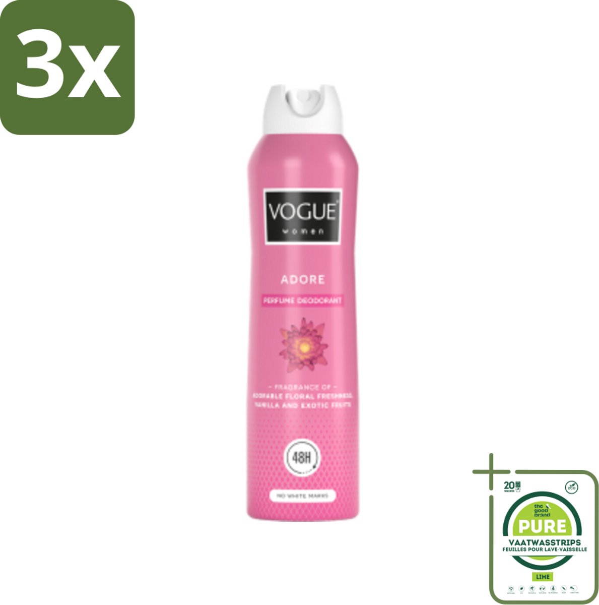 3 x Vogue Adore Parfum Deodorant 150 ml - Grootverpakking - Parfum Deodorant - 24 Uur Bescherming - Bloemige Geur - Tropisch Fruit - Amber En Vanille
