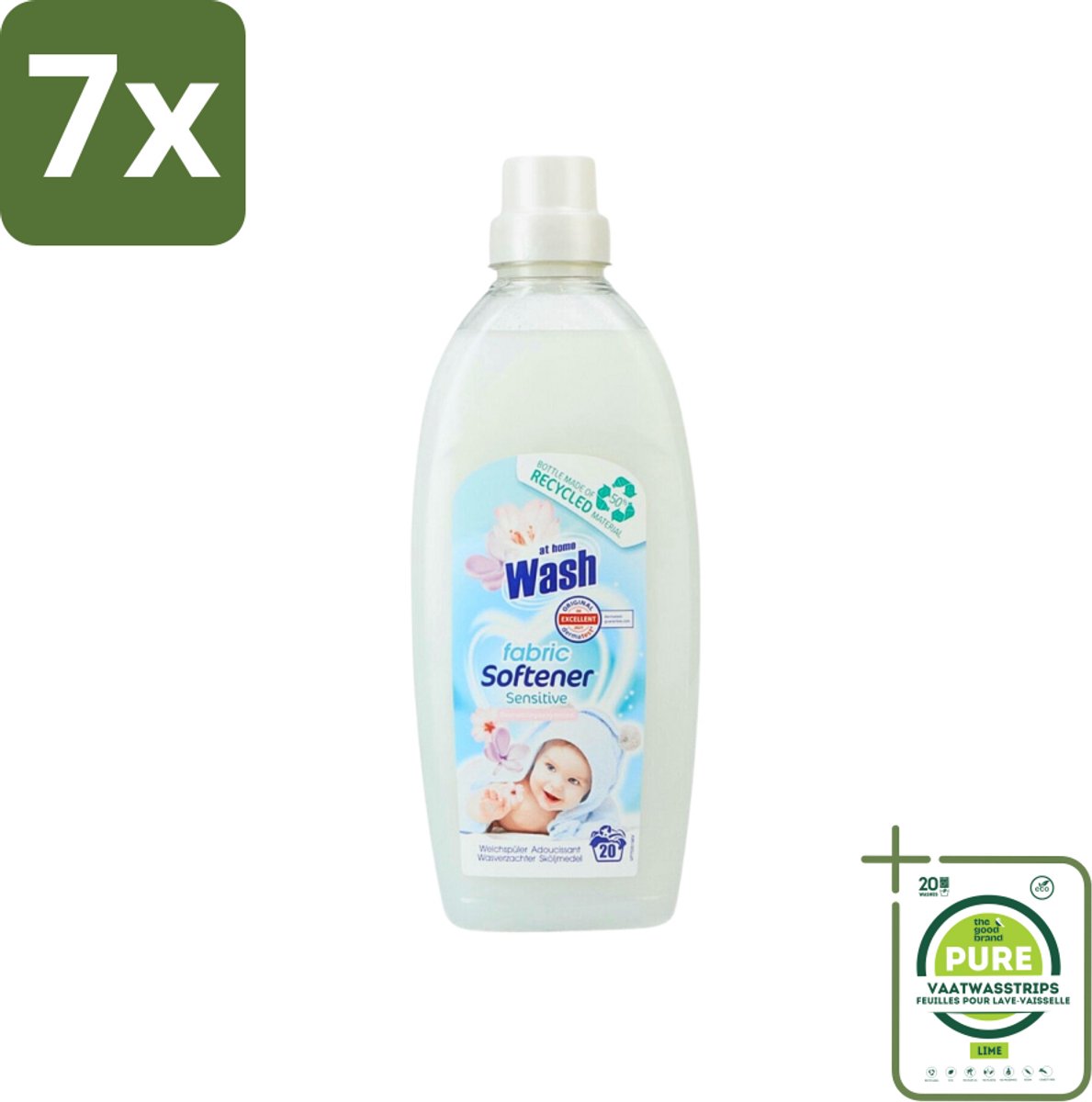 7 x At Home - Wash - Wasverzachter - Sensitive - 20 Wasbeurten - Grootverpakking - Wasverzachter - Wasverzachter Sensitive - Wasverzachter Voor Alle Stoffen - Wasverzachter Voor Katoen - Wasverzachter Voor Synthetische Stoffen
