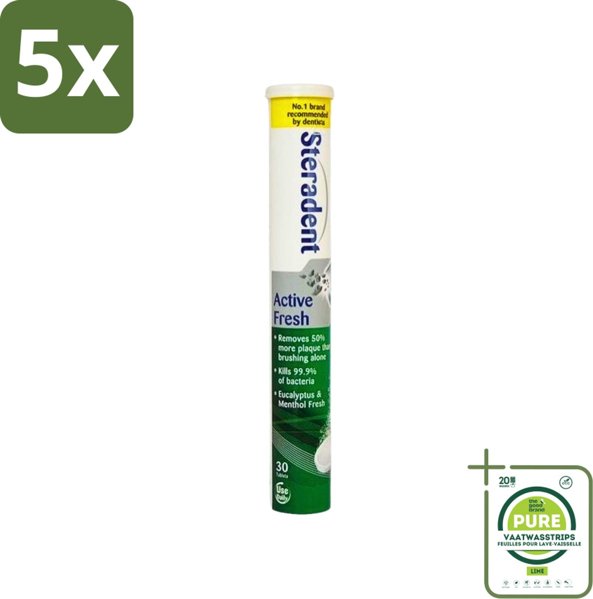 5 x Steradent - Reinigingstabletten - Active Fresh - Voor Kunstgebitten - 30 Tabletten - Grootverpakking - Kunstgebit Reinigen - Kunstgebit Reiniging - Kunstgebit Hygiëne - Kunstgebit Reinigingstablet - Kunstgebit Reinigen 3 Minuten