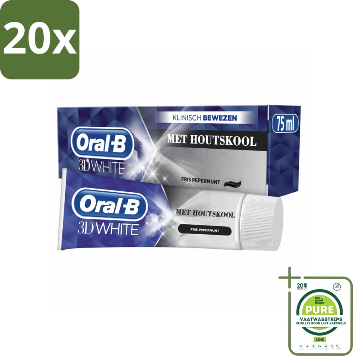 20 x Oral-B Tandpasta 3D White Houtskool 75 ml - Grootverpakking - Tandpasta - Whitening - Houtskool - Glimlach - Tanden Reinigen