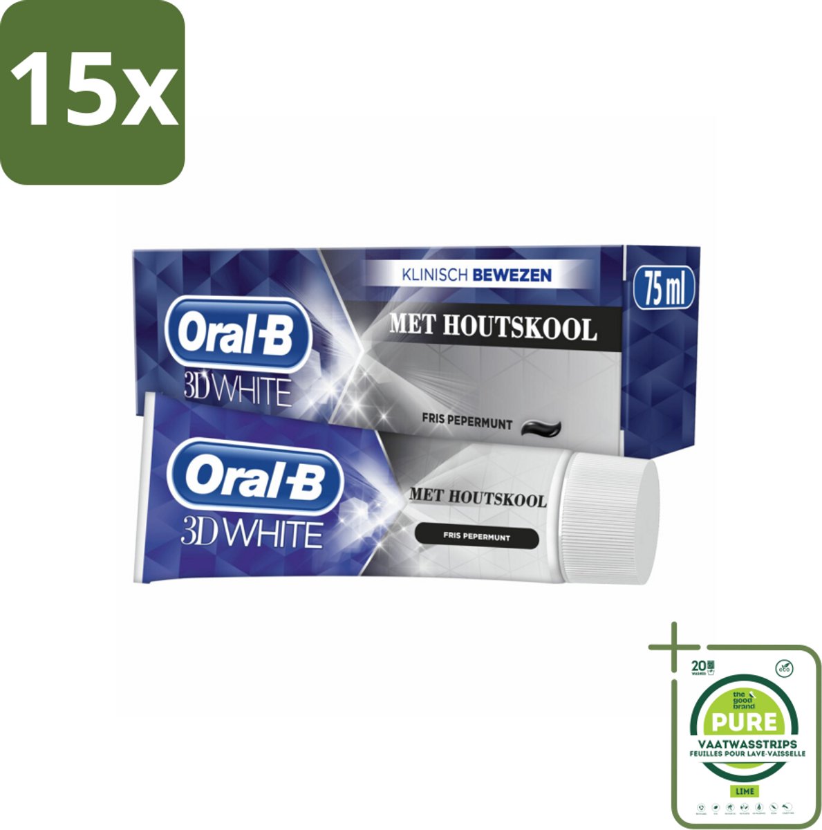 15 x Oral-B Tandpasta 3D White Houtskool 75 ml - Grootverpakking - Tandpasta - Whitening - Houtskool - Glimlach - Tanden Reinigen
