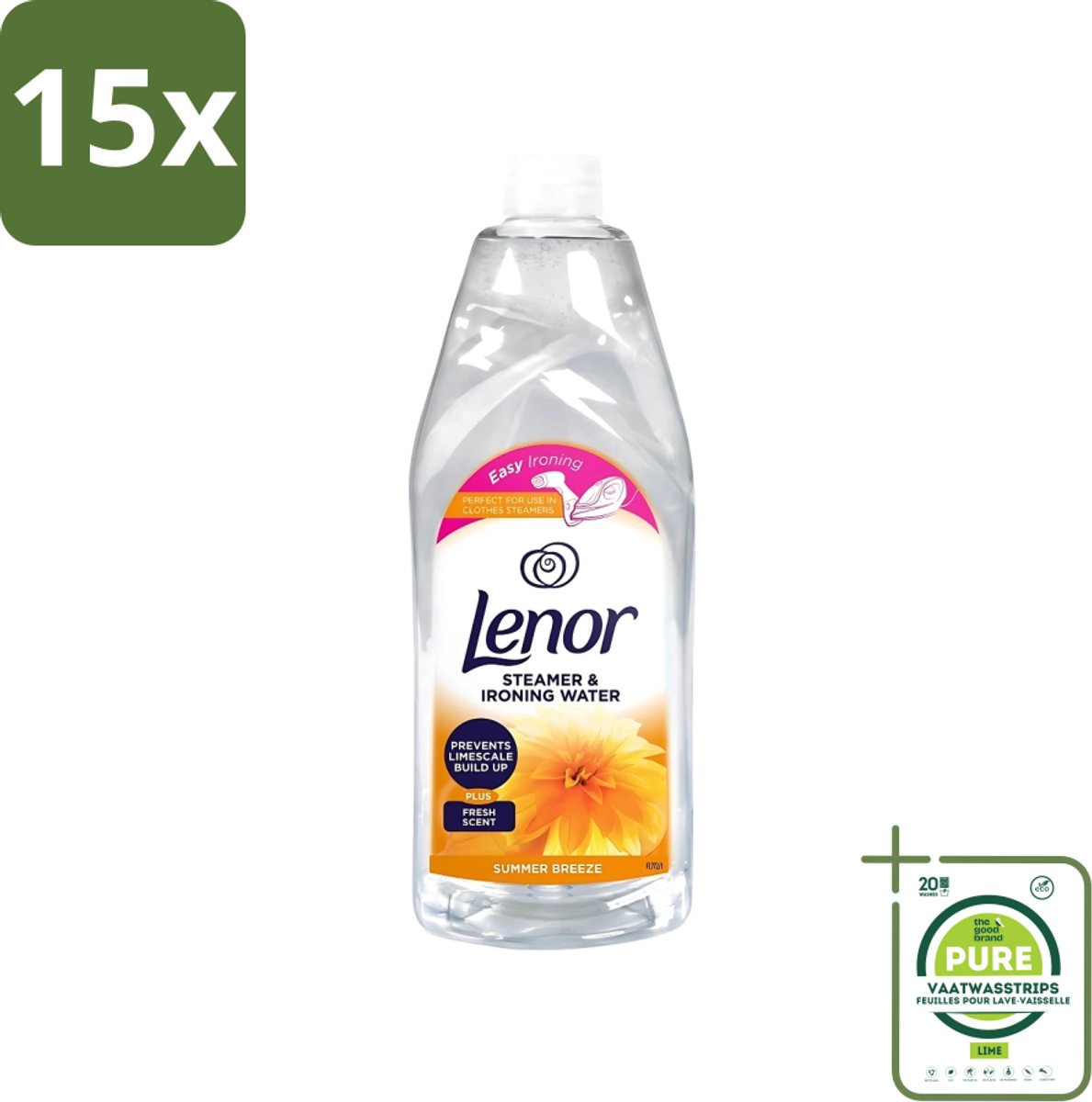 15 x Lenor Strijkwater Summer Breeze 1 liter - Grootverpakking - Strijkwater Summer Breeze - Zomerse Geur - Textielverfrisser - Wasgoed Geur - Kleding Verzorgen
