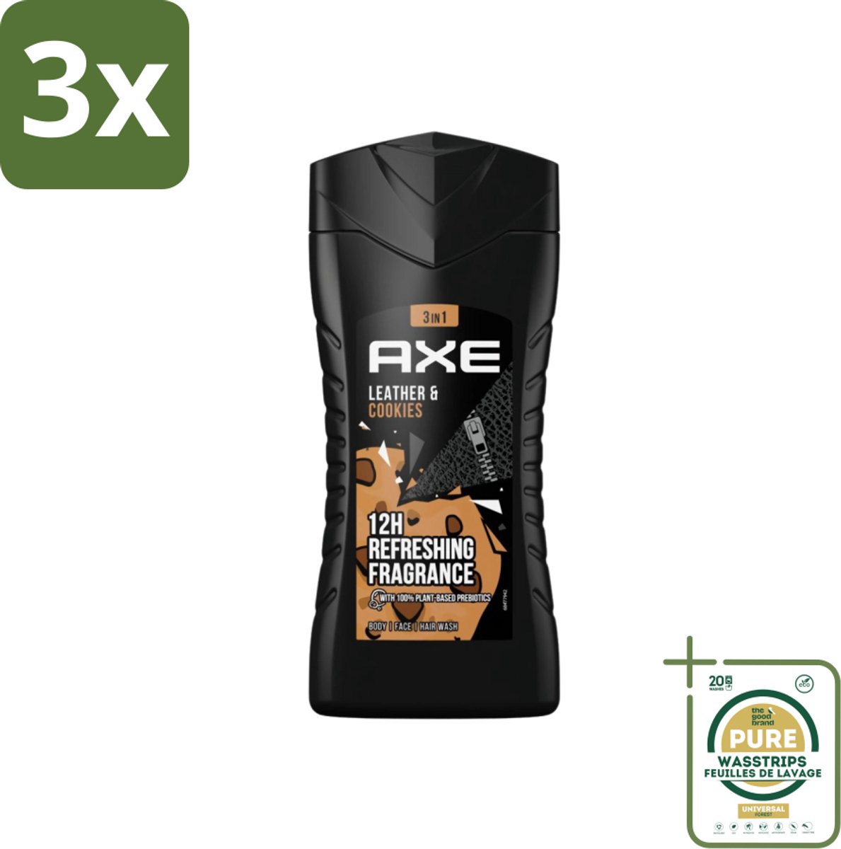 3 x Axe - 3-in-1 Douchegel - Leather & Cookies - 100% Plantaardig - 250 ml - Grootverpakking - 3-in-1 Douchegel - Douchegel Voor Lichaam - Douchegel Voor Gezicht - Douchegel Voor Haar - Geur Leer En Koekjes