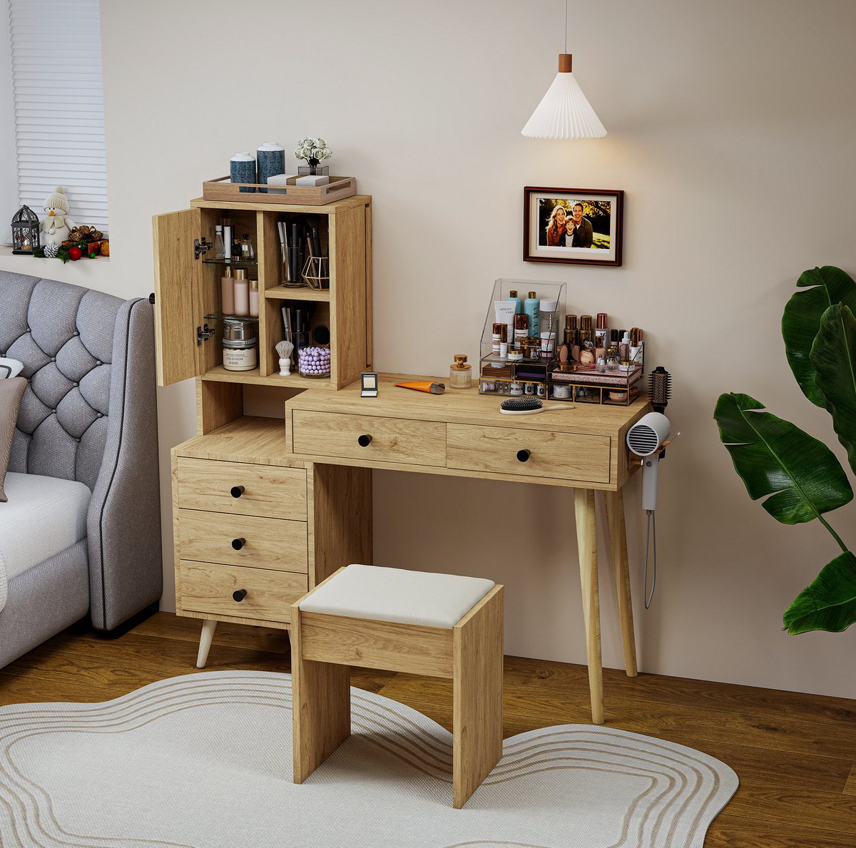 MODENUIT Schminktisch Set 84 x 40 x 120 cm - Versenkbare Spiegel - Met 5 Lades En Zijkast - Hout - Beige