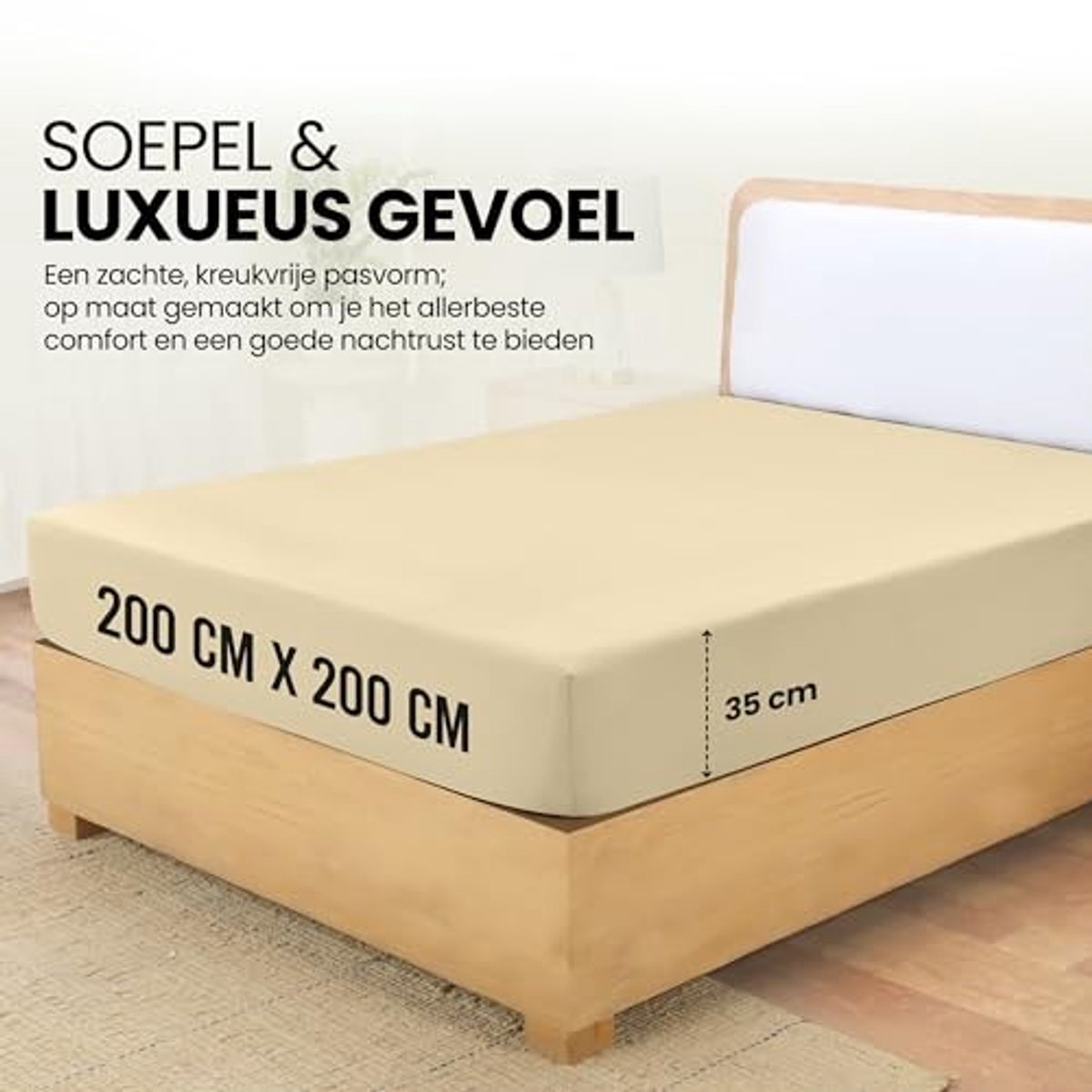 Elzusha - Fitted Sheet met Elastische Hoeken voor Tweepersoonsbed - 200 x 200 cm - Beige