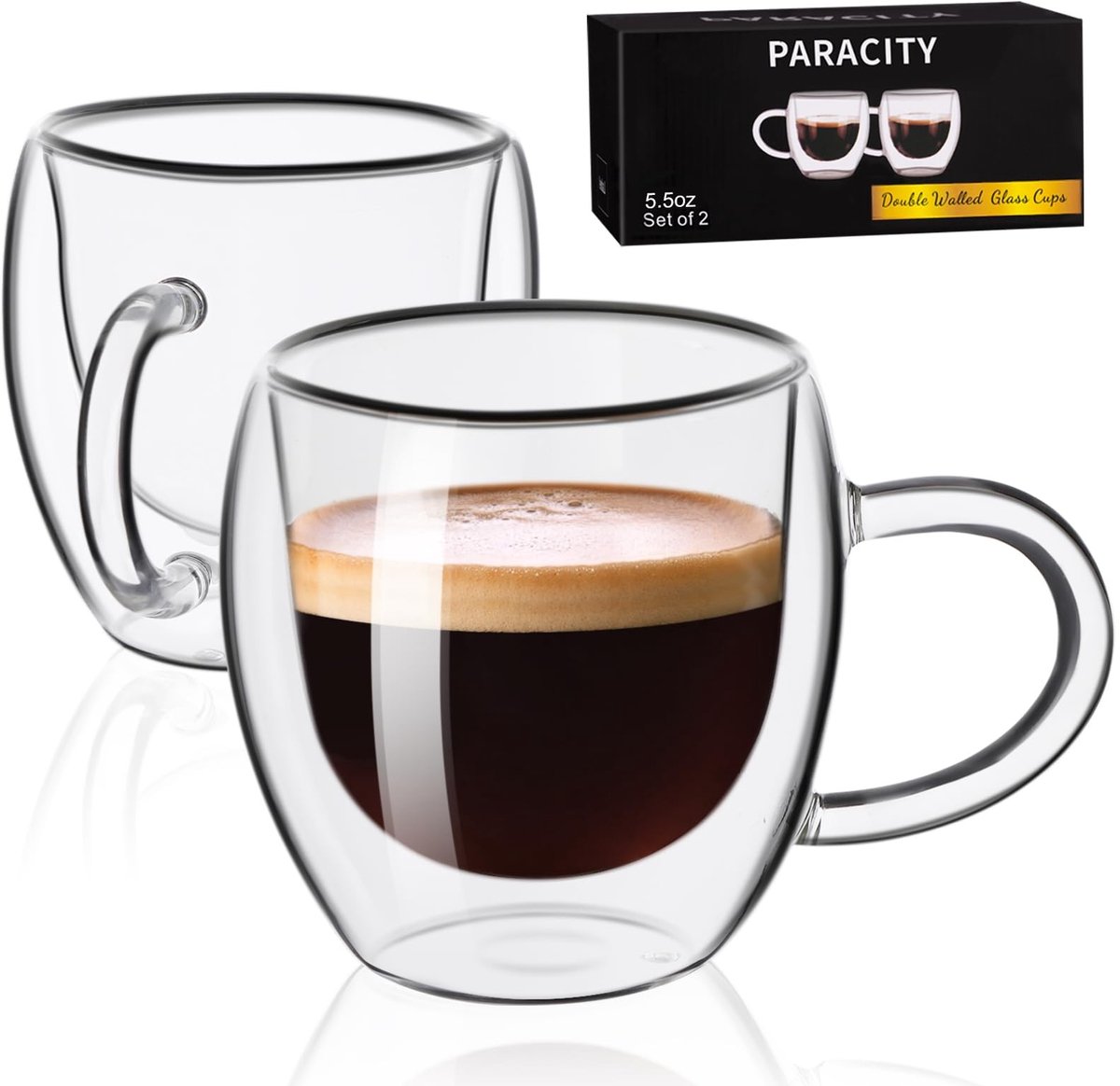 Elzusha - Set van 2 Dubbelwandige Glazen Koffiekoppen met Handvat