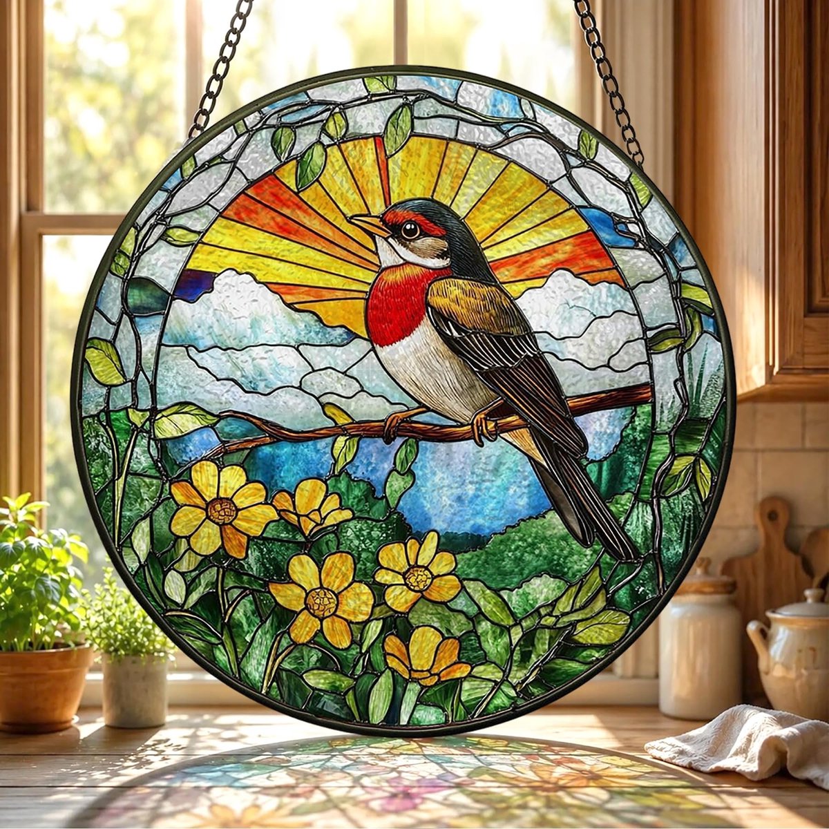 Elzusha - Gekleurd Glas Hangend Vogel Raamdecoratie 20x20 cm