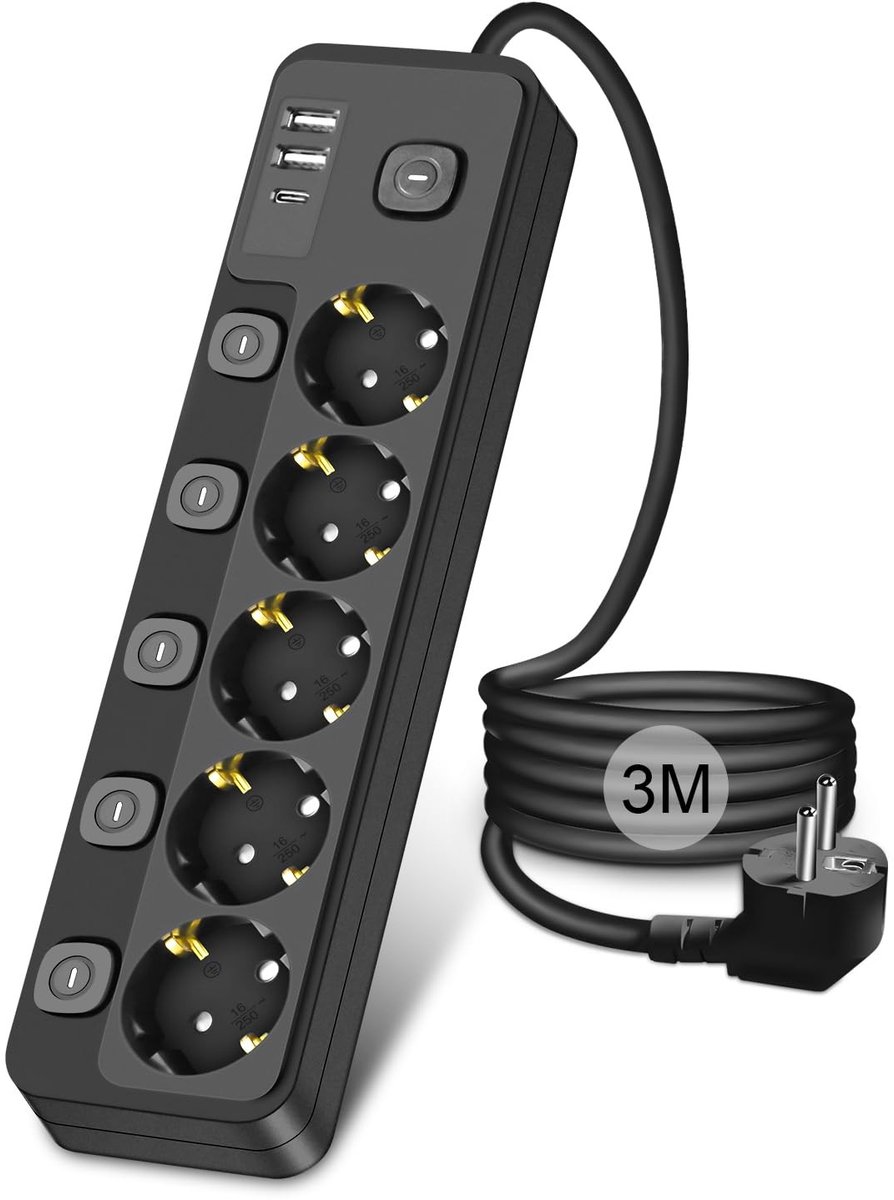 Elzusha - 5-Way Power Strip met USB C en Schakelaar